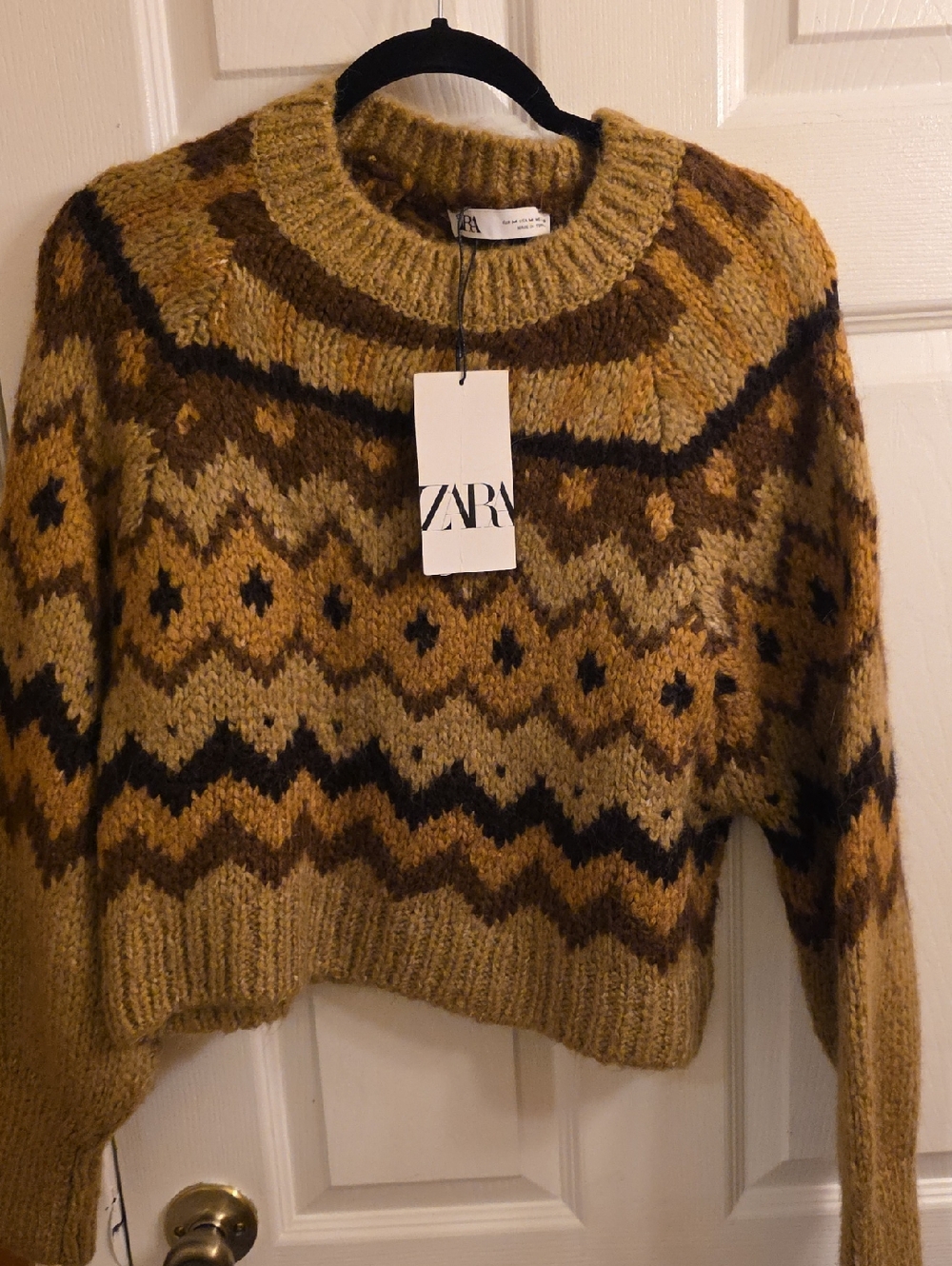 Zara Women’s Mustard and Brown Fair Isle Crewneck Sweater